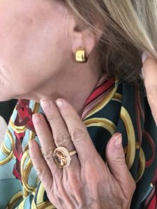 thick gold hoops, gem statement ring