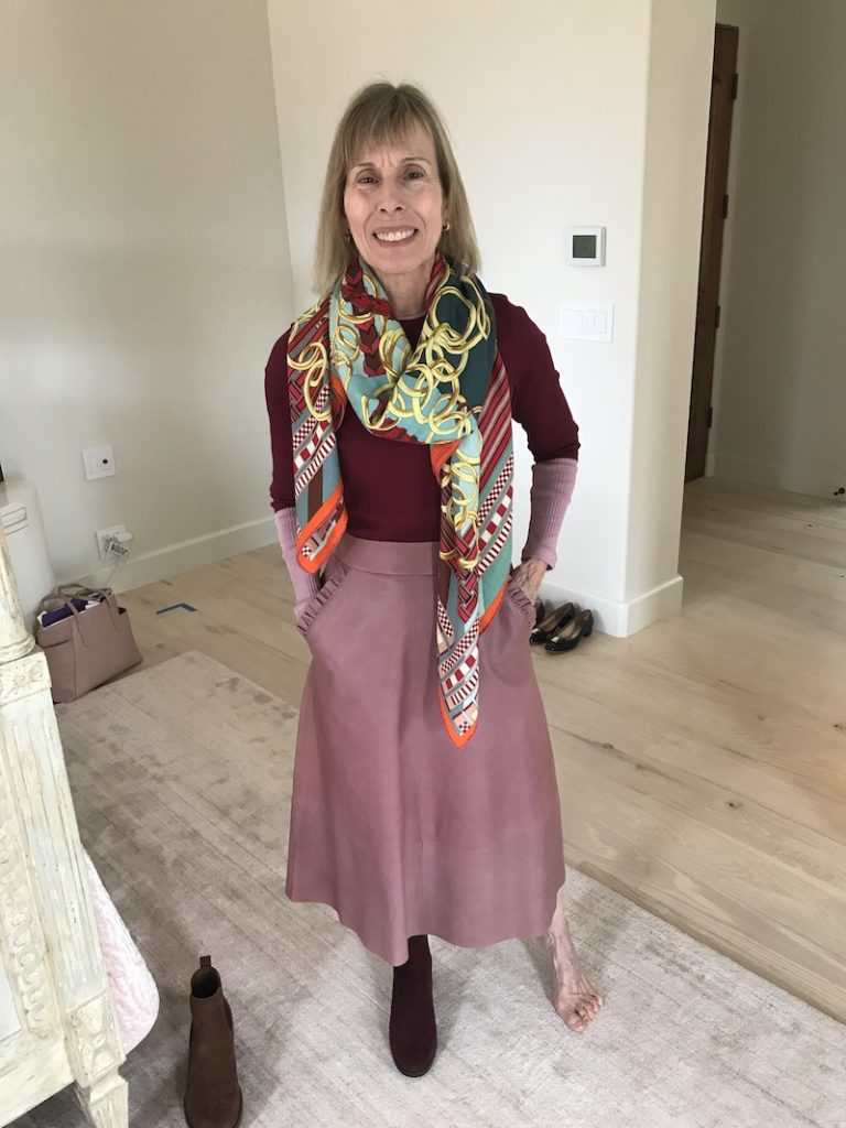 Boss dark red and pink long sleeve shirt, Kate Spade pink leather skirt, multi color scarf, Gravati wine colored boots