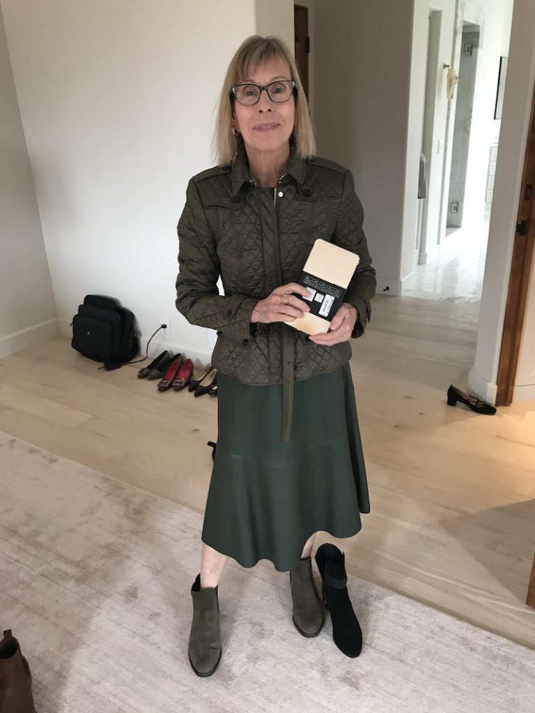 Worth olive green shirt, Kate Spade dark green leather skirt, Burberry olive green quilted jacket, Via Spiga olive green suede boots