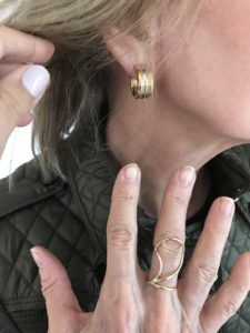 small gold hoops, gold statement ring