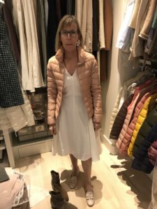 Theory white dress, pink puffer jacket