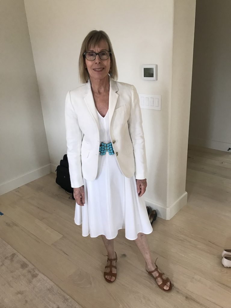 Theory white dress, white blazer, brown and turquoise belt, J crew brown sandals