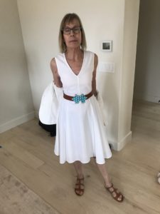 Brown and turquoise belt, Theory white dress