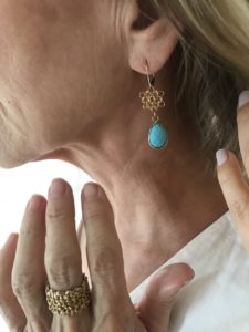 gold and turquoise drop earrings, gold ring