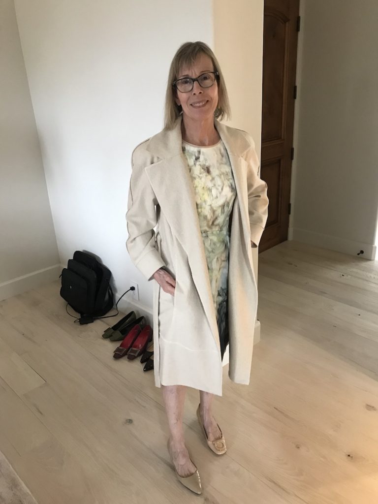 Elie Tahari cream floral dress, Worth cream coat, Cole Haan nude flats, Ferragamo cream flats